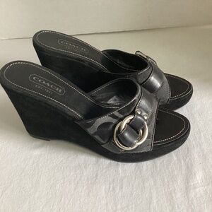 Coach Black and Silver Wedge Sandals